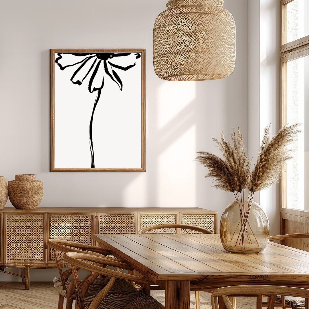 This elegant artwork features a minimalist ink sketch of a flower, embodying simplicity and grace. for Extra Kitchen