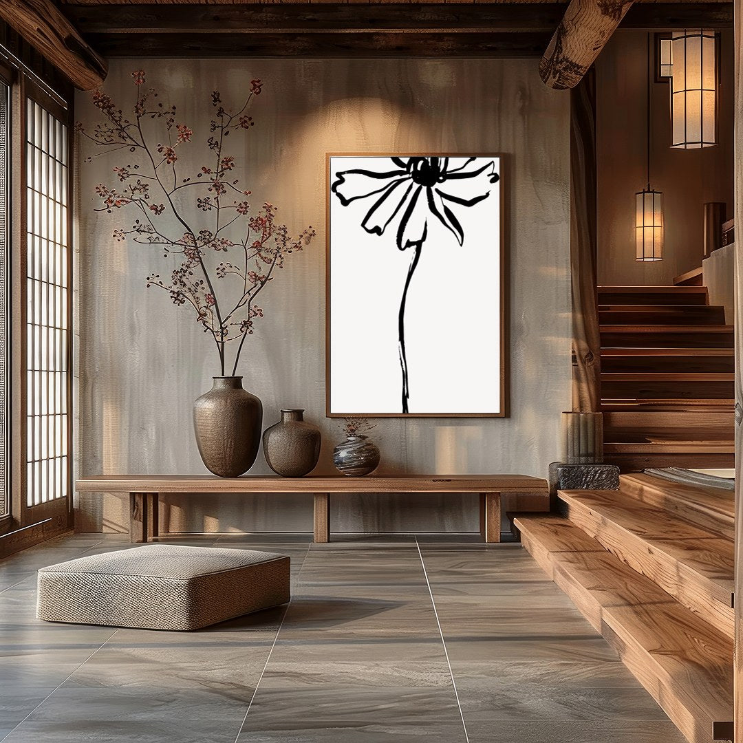 This elegant artwork features a minimalist ink sketch of a flower, embodying simplicity and grace. for Hall