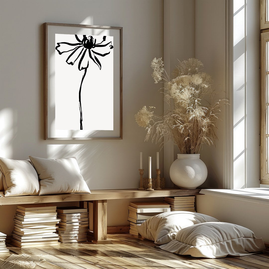 This elegant artwork features a minimalist ink sketch of a flower, embodying simplicity and grace. for haven