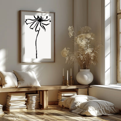 This elegant artwork features a minimalist ink sketch of a flower, embodying simplicity and grace. for haven