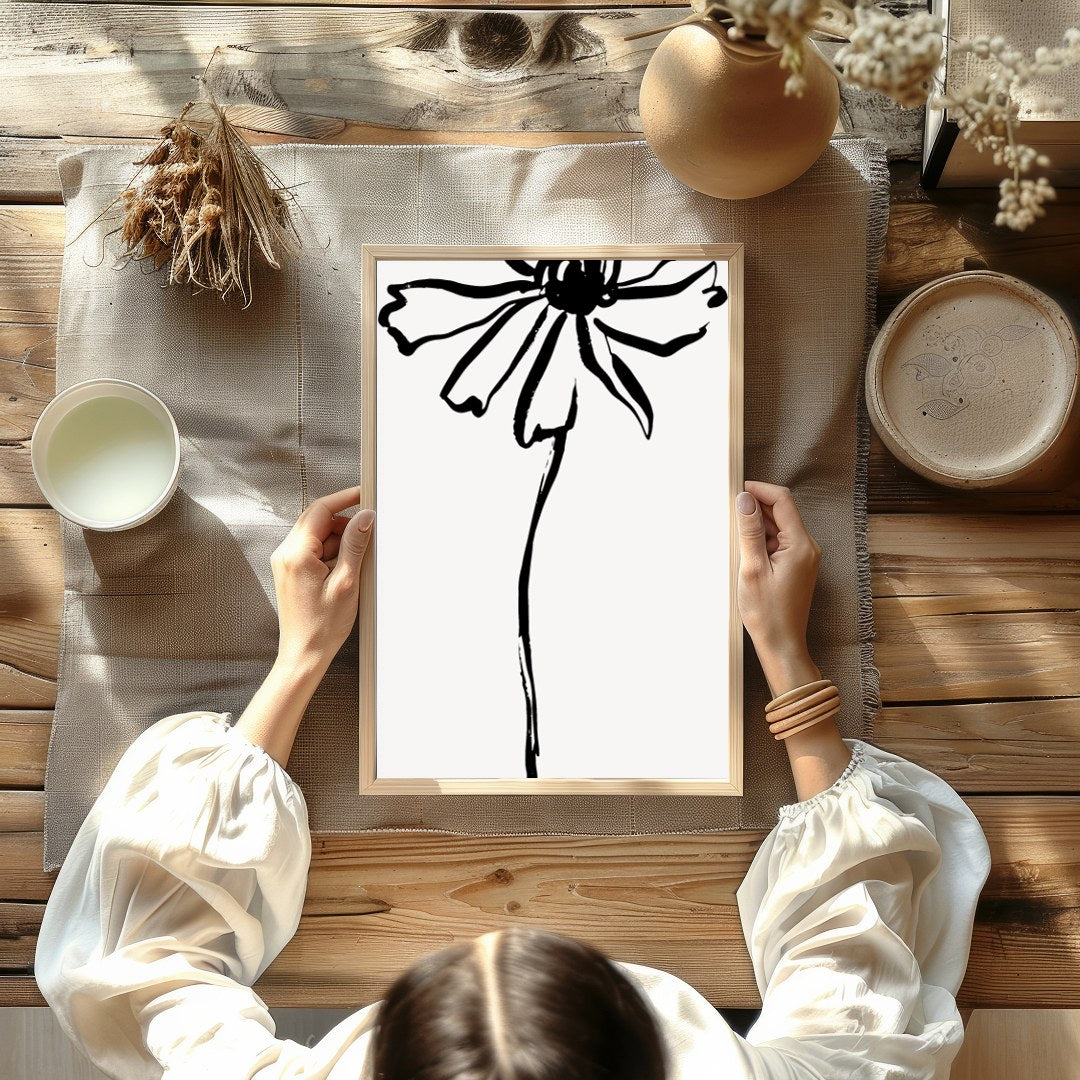 This elegant artwork features a minimalist ink sketch of a flower, embodying simplicity and grace. for Kitchen