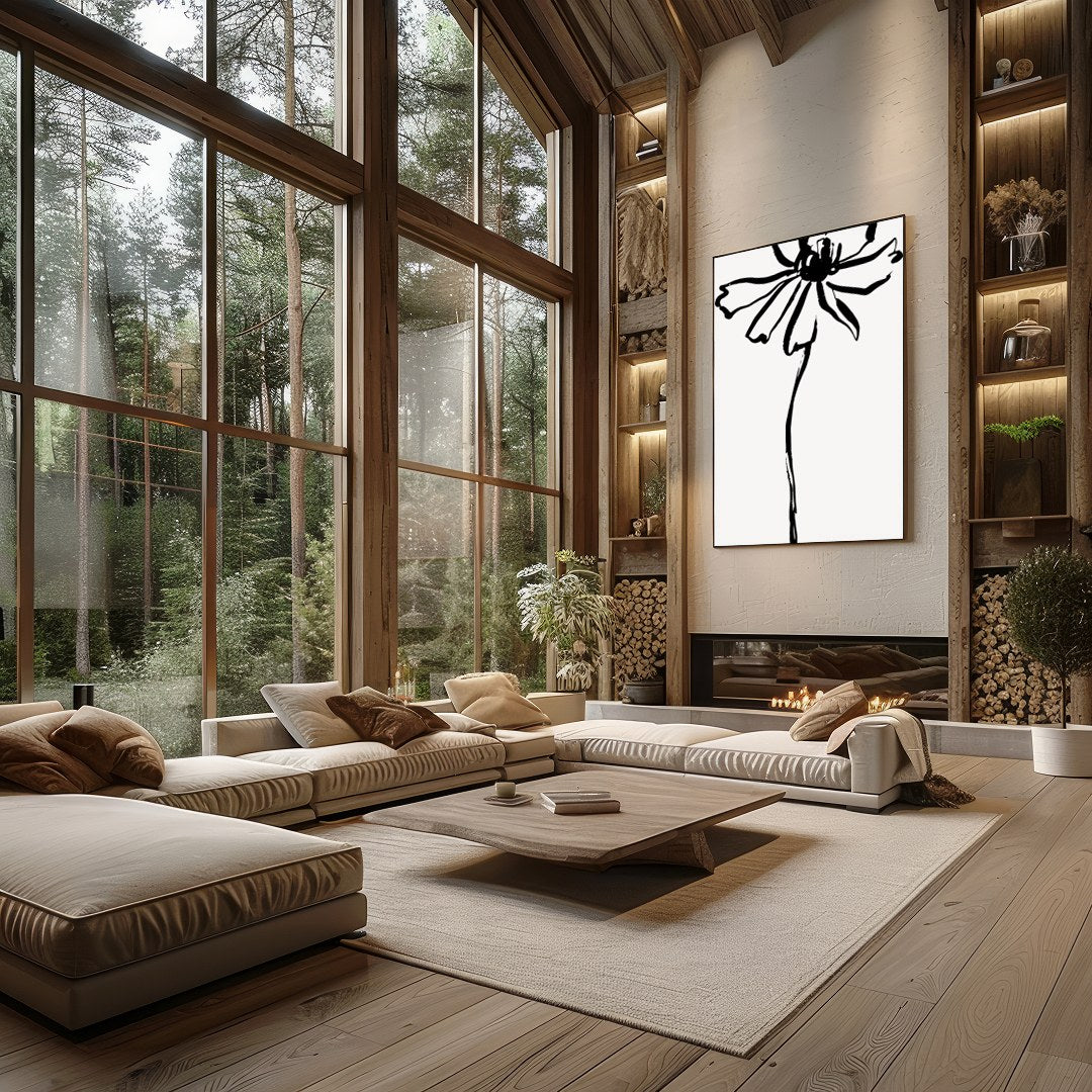 This elegant artwork features a minimalist ink sketch of a flower, embodying simplicity and grace. for Living Room