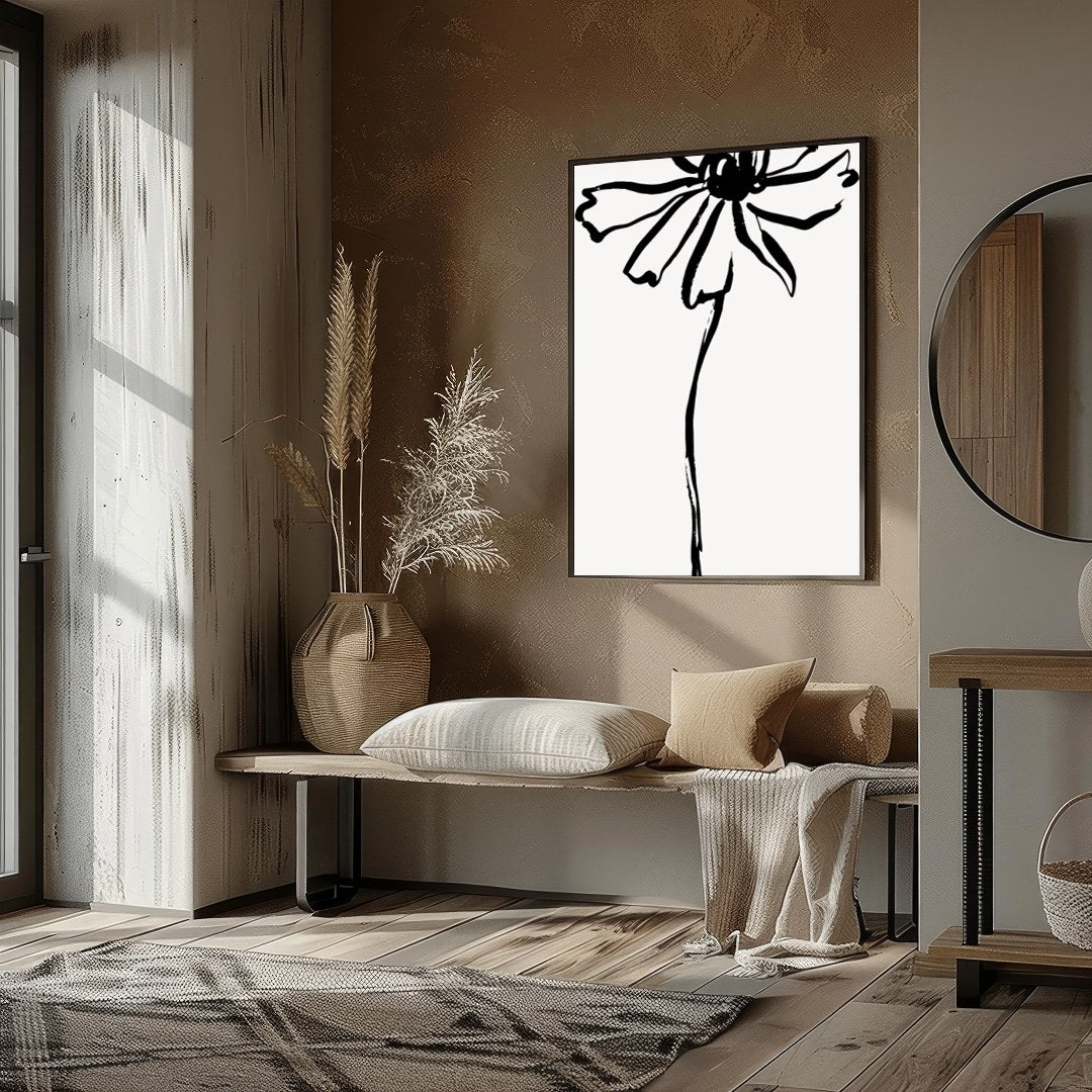 This elegant artwork features a minimalist ink sketch of a flower, embodying simplicity and grace. for loft