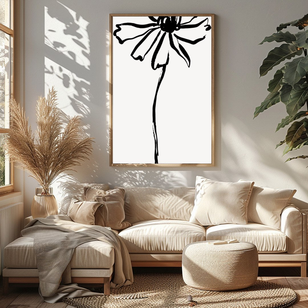 This elegant artwork features a minimalist ink sketch of a flower, embodying simplicity and grace. for Sitting Area