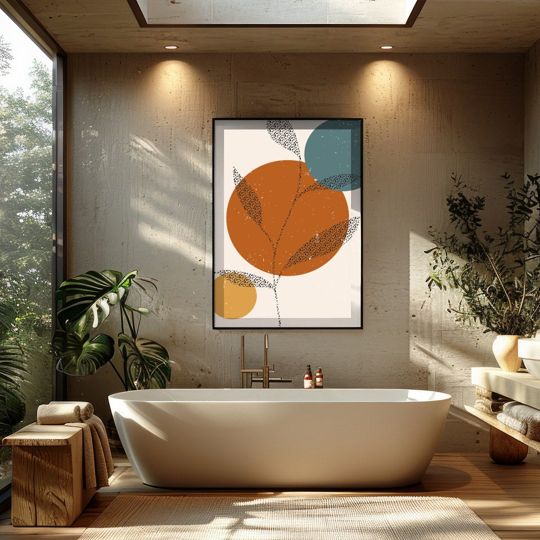 Elevate your space with this stunning minimalist art piece featuring abstract leaves and circles in for Bathroom