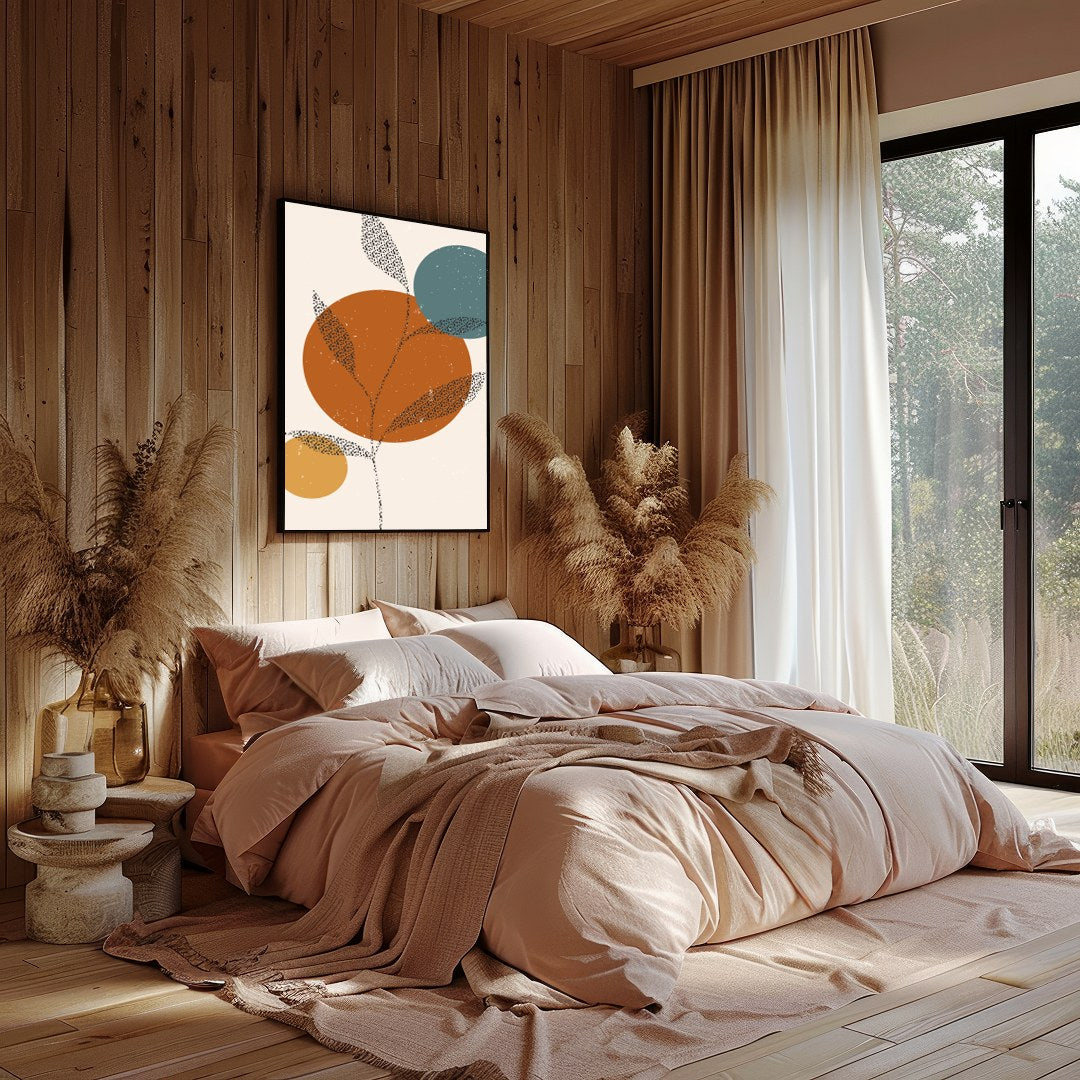 Elevate your space with this stunning minimalist art piece featuring abstract leaves and circles in for Bedroom
