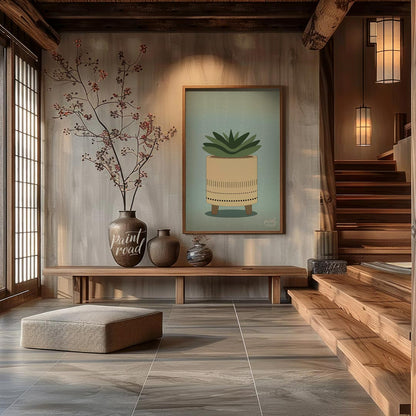 This charming digital illustration features a stylized succulent plant nestled within a modern, min… for entryway
