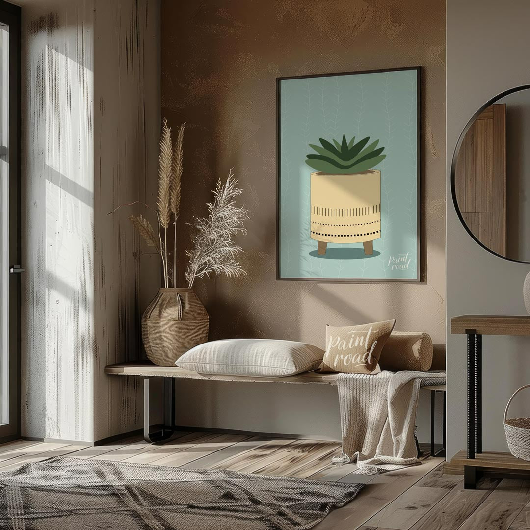 This charming digital illustration features a stylized succulent plant nestled within a modern, min… for entryway