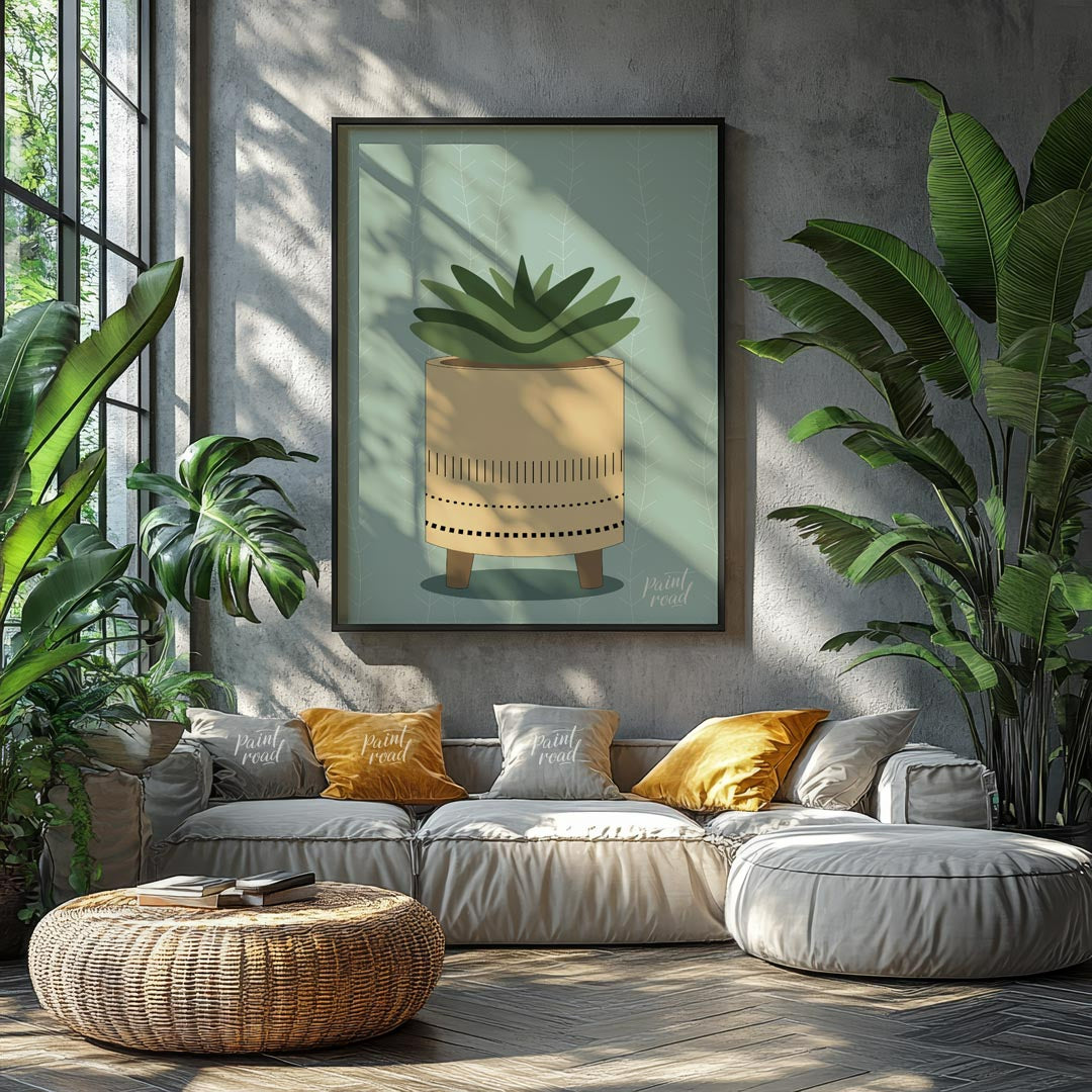 This charming digital illustration features a stylized succulent plant nestled within a modern, min… for living room