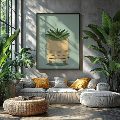 This charming digital illustration features a stylized succulent plant nestled within a modern, min… for living room