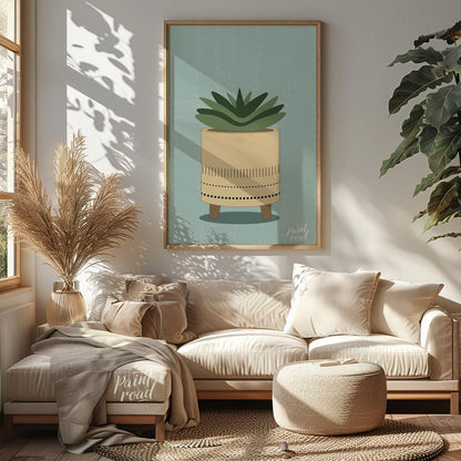 This charming digital illustration features a stylized succulent plant nestled within a modern, min… for living room