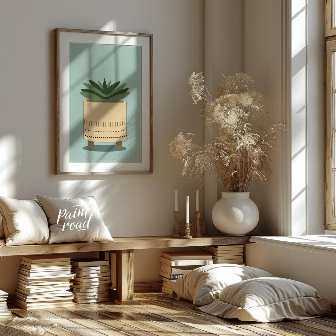 This charming digital illustration features a stylized succulent plant nestled within a modern, min… for living room