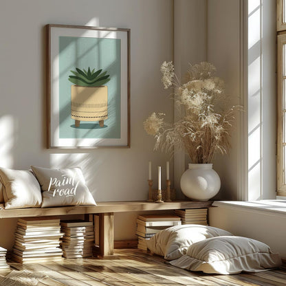 This charming digital illustration features a stylized succulent plant nestled within a modern, min… for living room