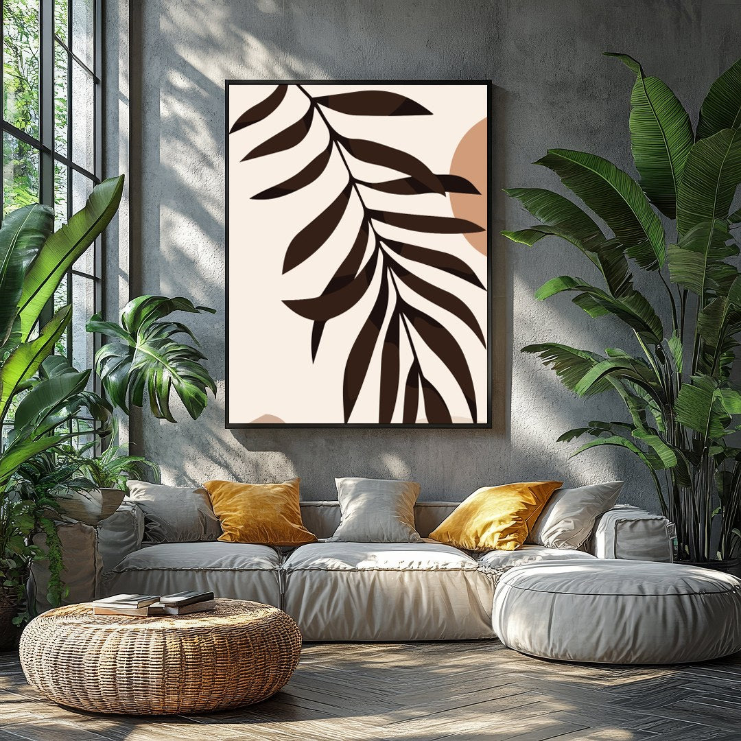 Elevate your living space with this serene minimalist artwork featuring an abstract sun and leaf for Balcony