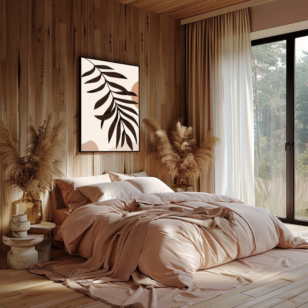 Elevate your living space with this serene minimalist artwork featuring an abstract sun and leaf for Bedroom