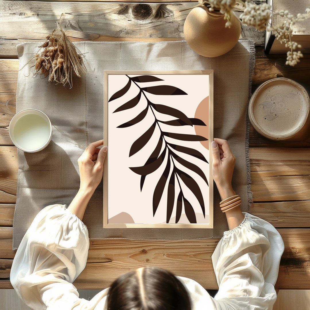 Elevate your living space with this serene minimalist artwork featuring an abstract sun and leaf for Kitchen