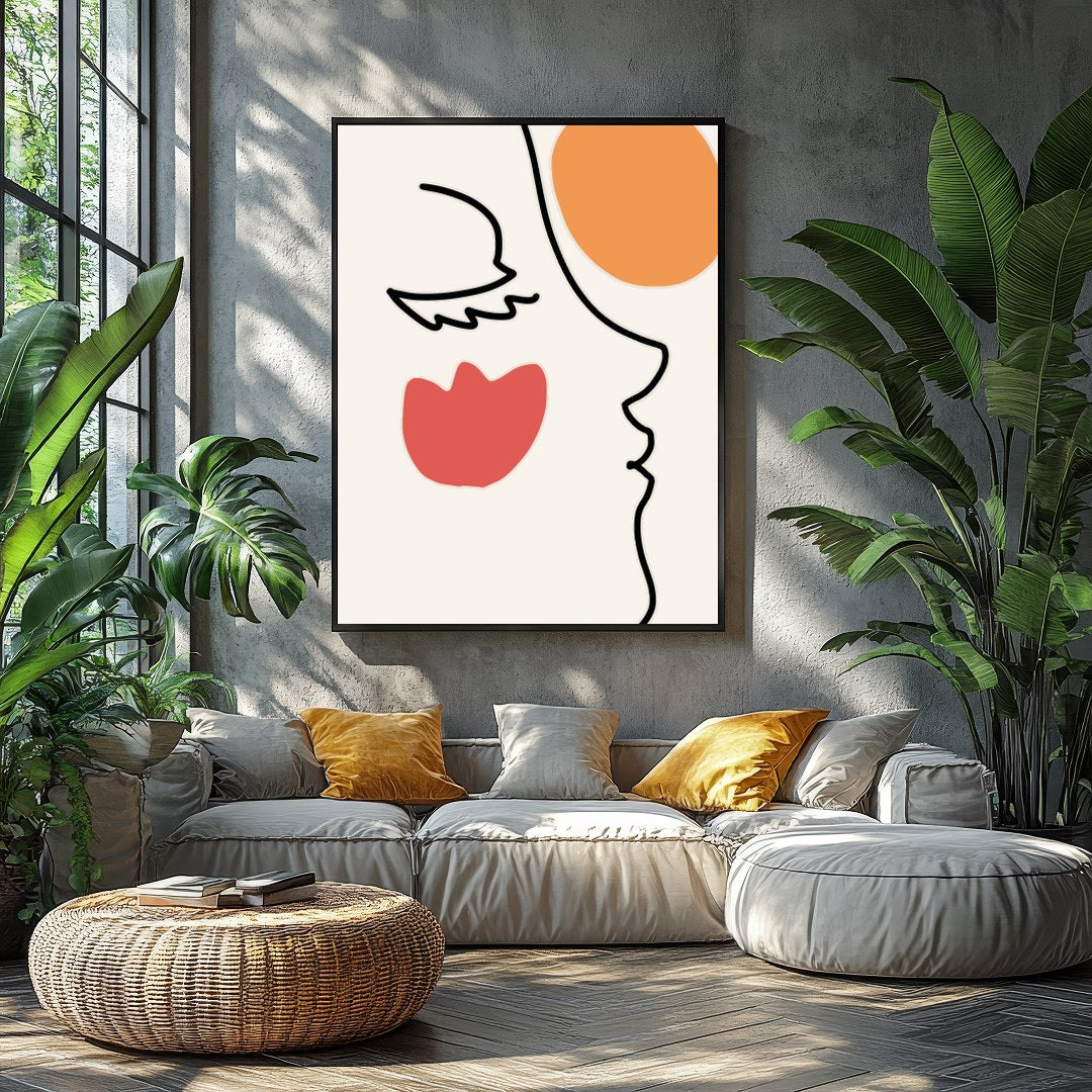 This elegant wall art piece features a minimalist line drawing of a face, juxtaposed with bold for Balcony