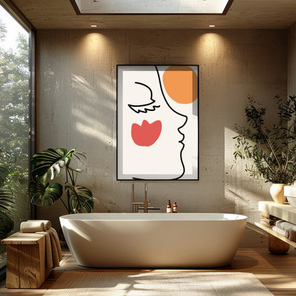This elegant wall art piece features a minimalist line drawing of a face, juxtaposed with bold for Bathroom