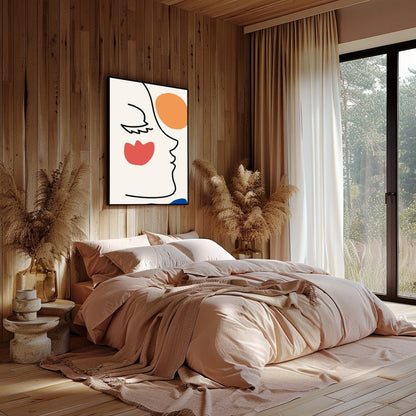 This elegant wall art piece features a minimalist line drawing of a face, juxtaposed with bold for Bedroom