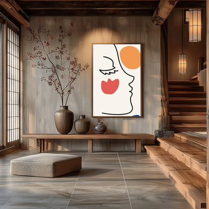 This elegant wall art piece features a minimalist line drawing of a face, juxtaposed with bold for Hall