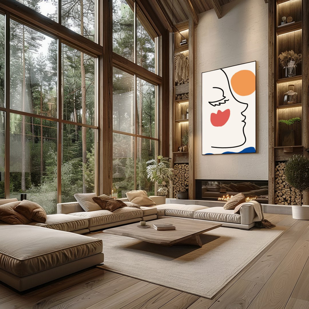 This elegant wall art piece features a minimalist line drawing of a face, juxtaposed with bold for Living Room