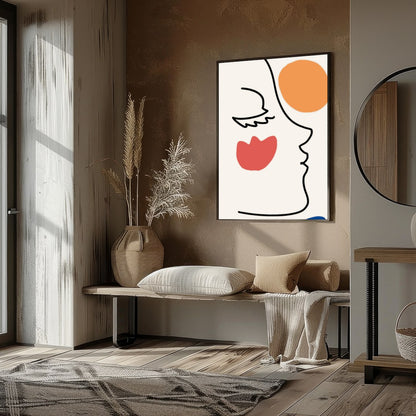 This elegant wall art piece features a minimalist line drawing of a face, juxtaposed with bold for space