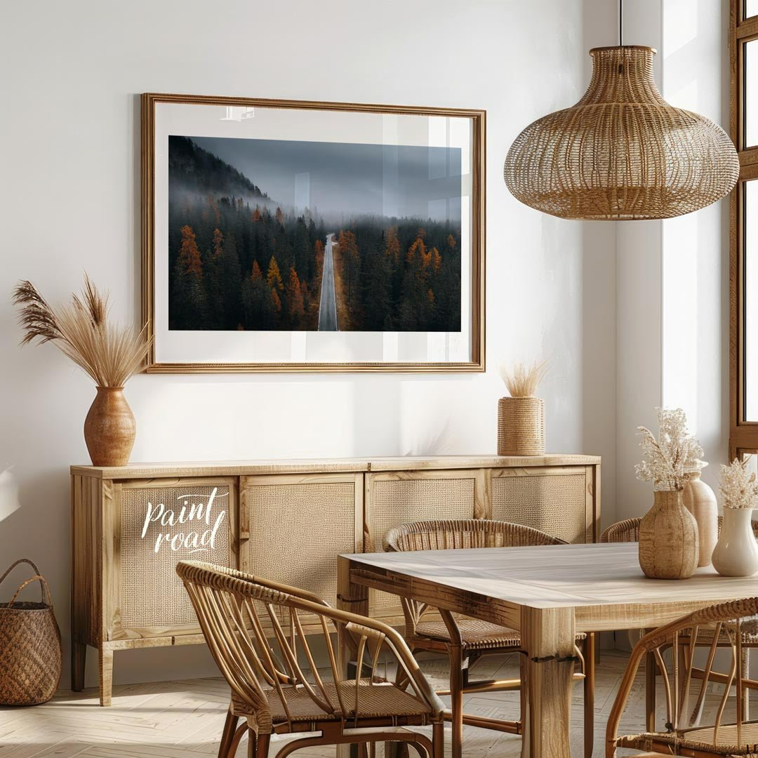 “Misty Autumn Road” captures a captivating, almost ethereal landscape of a winding road cutting thr… for dining room