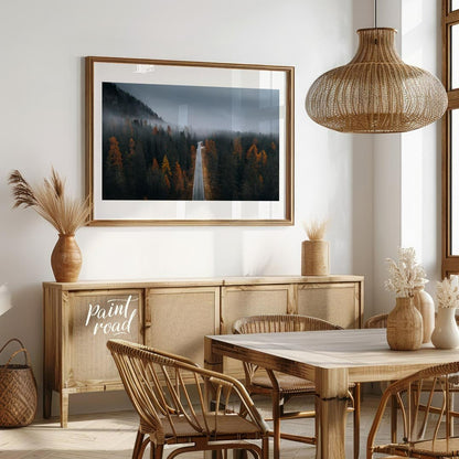 “Misty Autumn Road” captures a captivating, almost ethereal landscape of a winding road cutting thr… for dining room
