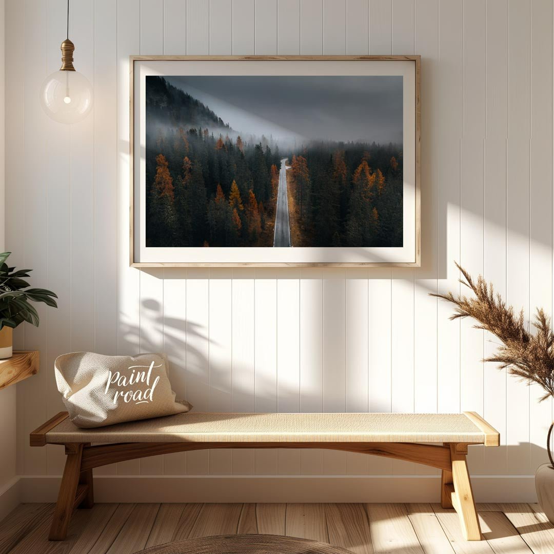 “Misty Autumn Road” captures a captivating, almost ethereal landscape of a winding road cutting thr… for entryway