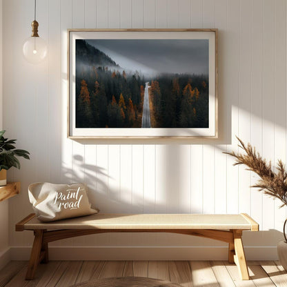 “Misty Autumn Road” captures a captivating, almost ethereal landscape of a winding road cutting thr… for entryway