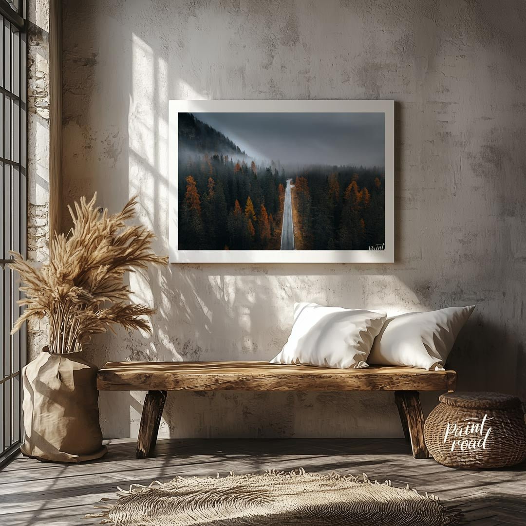 “Misty Autumn Road” captures a captivating, almost ethereal landscape of a winding road cutting thr… for entryway