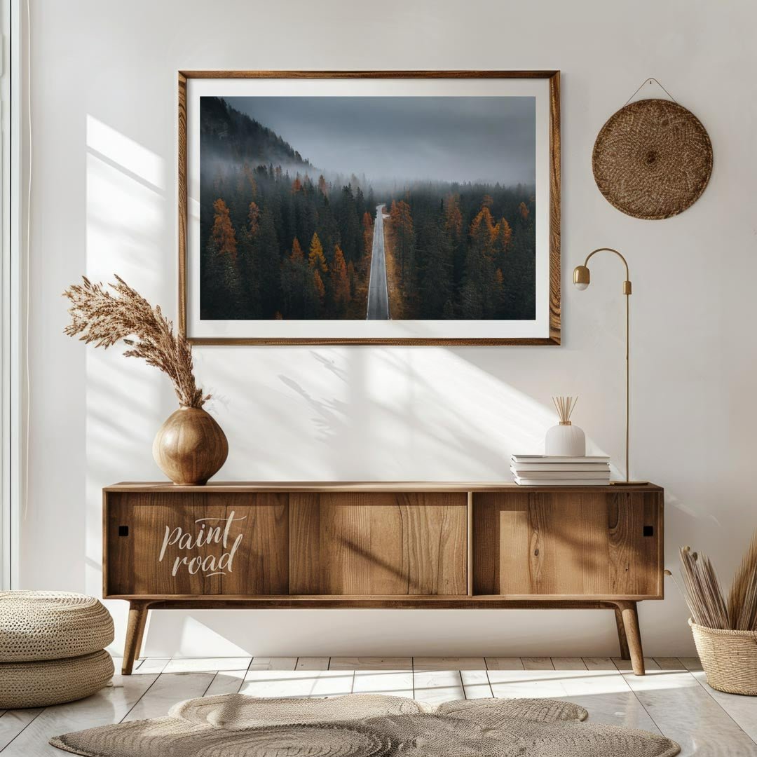 “Misty Autumn Road” captures a captivating, almost ethereal landscape of a winding road cutting thr… for living room