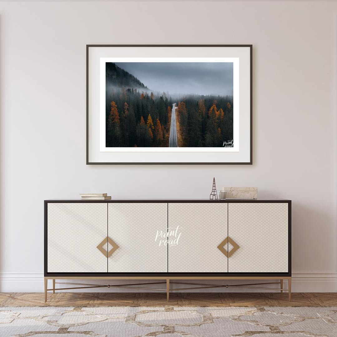 “Misty Autumn Road” captures a captivating, almost ethereal landscape of a winding road cutting thr… for living room