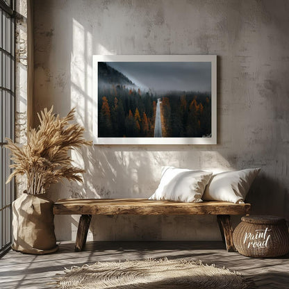Misty Autumn Road Painting available online at Paintroad showing atmospheric autumn and cabin decor