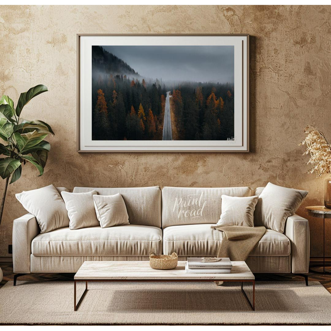 Misty Autumn Road Painting available online at Paintroad showing atmospheric autumn and cabin decor