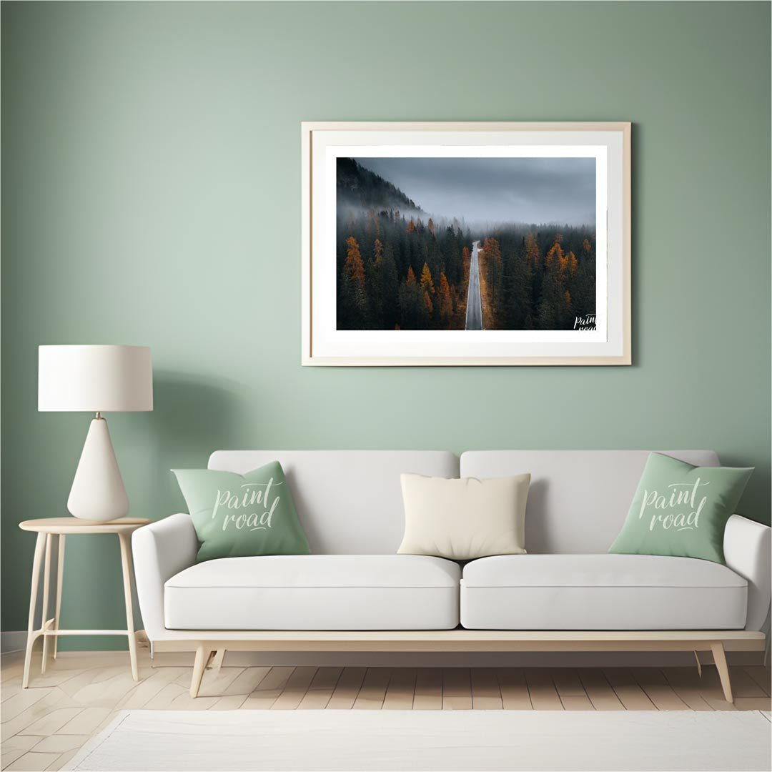 Misty Autumn Road Painting available online at Paintroad showing atmospheric autumn and cabin decor