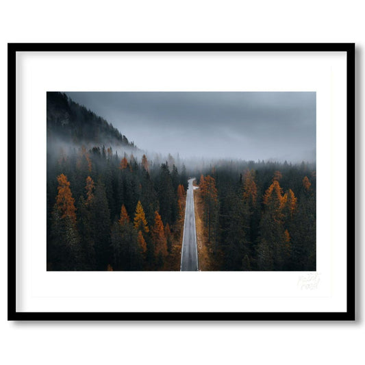Misty Autumn Road Painting available online at Paintroad showing atmospheric autumn and cabin decor