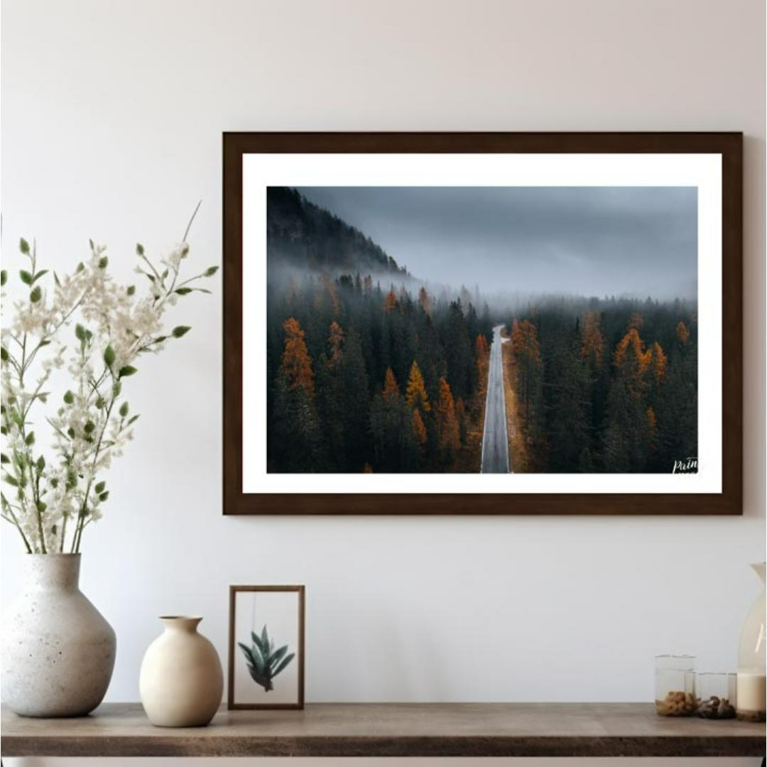 Misty Autumn Road Painting available online at Paintroad showing atmospheric autumn and cabin decor