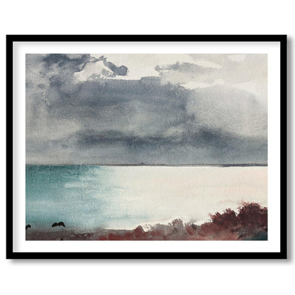 Transport yourself to a serene seashore with 'Misty Coastal Horizon.' This captivating piece for abode