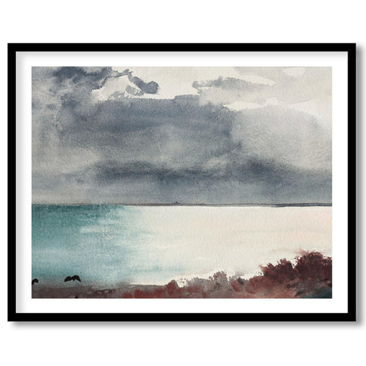 Transport yourself to a serene seashore with 'Misty Coastal Horizon.' This captivating piece for abode