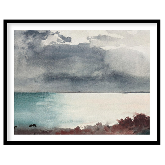 Transport yourself to a serene seashore with 'Misty Coastal Horizon.' This captivating piece for abode