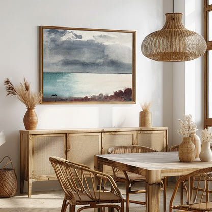 Transport yourself to a serene seashore with 'Misty Coastal Horizon.' This captivating piece for Dining