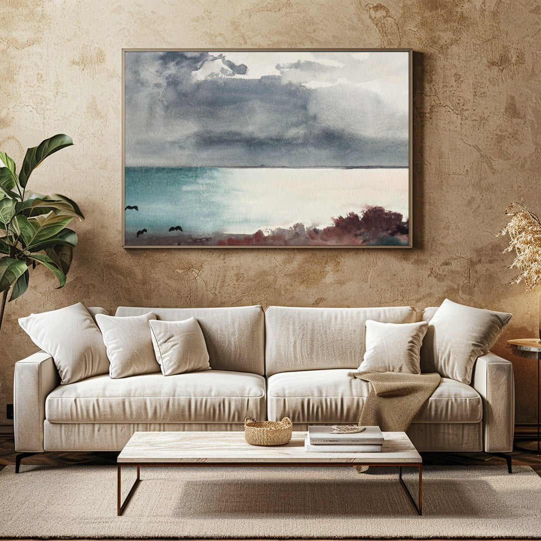 Transport yourself to a serene seashore with 'Misty Coastal Horizon.' This captivating piece for Family Room