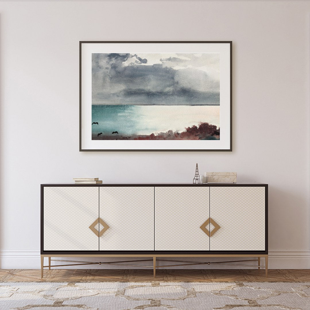 Transport yourself to a serene seashore with 'Misty Coastal Horizon.' This captivating piece for Foyer