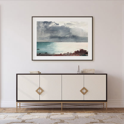 Transport yourself to a serene seashore with 'Misty Coastal Horizon.' This captivating piece for Foyer