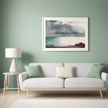 Transport yourself to a serene seashore with 'Misty Coastal Horizon.' This captivating piece for Hall