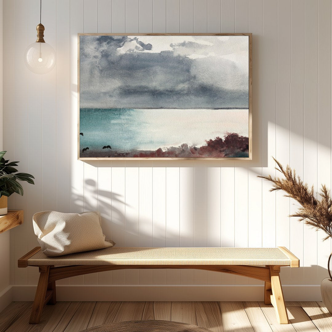 Transport yourself to a serene seashore with 'Misty Coastal Horizon.' This captivating piece for Hallway