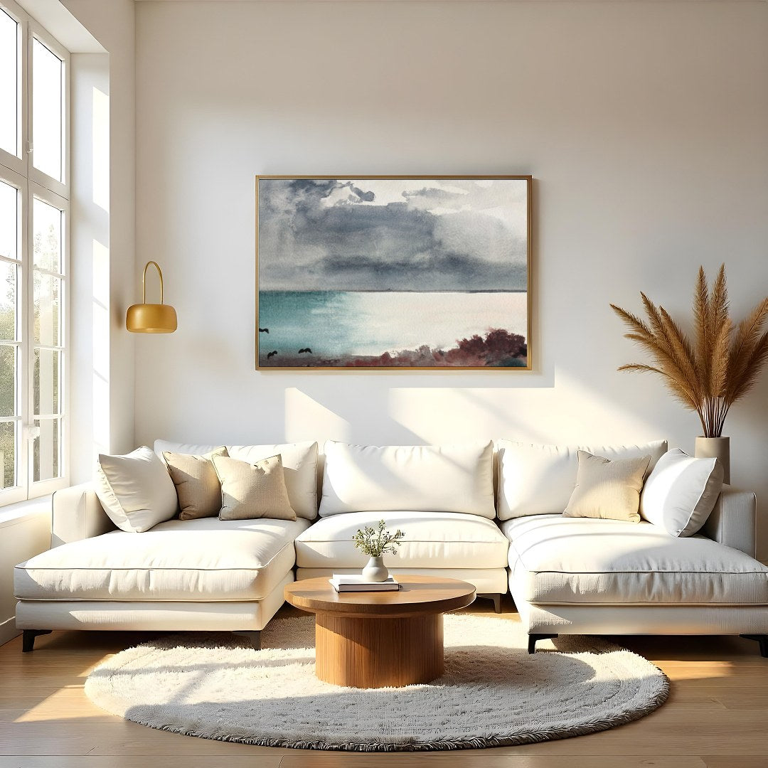 Transport yourself to a serene seashore with 'Misty Coastal Horizon.' This captivating piece for Living Room