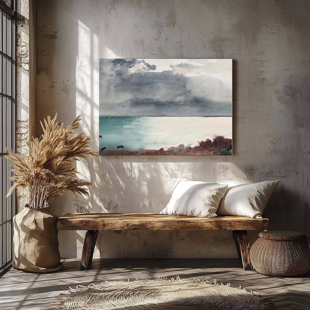 Transport yourself to a serene seashore with 'Misty Coastal Horizon.' This captivating piece for Veranda