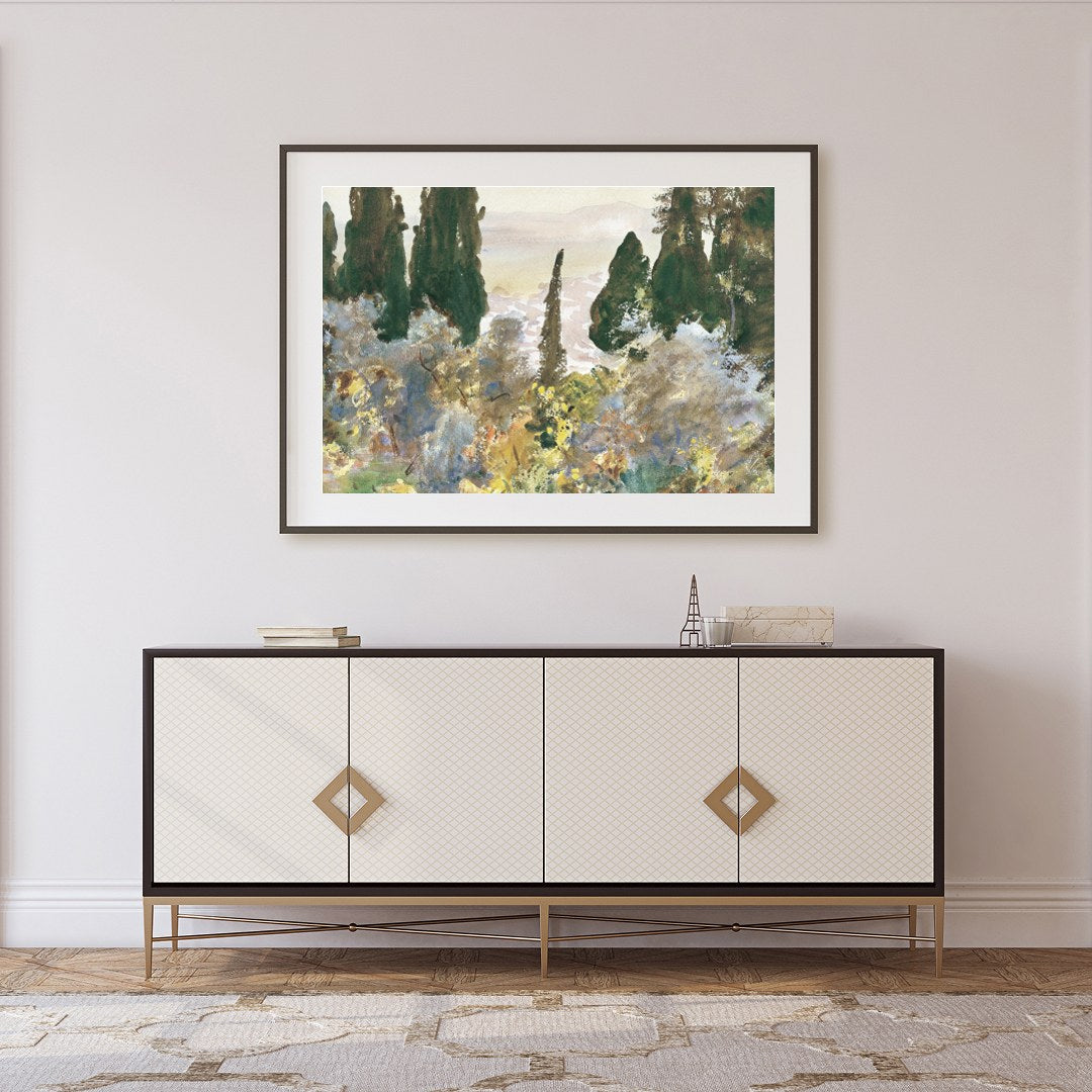 Immerse yourself in the serene beauty of this forest scene, where mist gently cloaks the lush, for Foyer